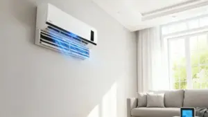 Condizionatore acceso in un soggiorno moderno ben illuminato