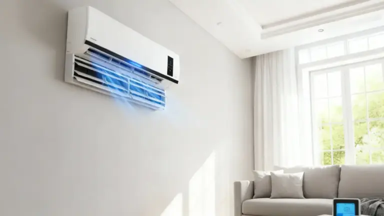 Condizionatore acceso in un soggiorno moderno ben illuminato