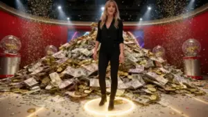 Una persona in piedi davanti a una grande pila di banconote e monete dorate in un ambiente festoso