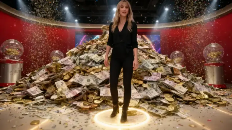 Una persona in piedi davanti a una grande pila di banconote e monete dorate in un ambiente festoso