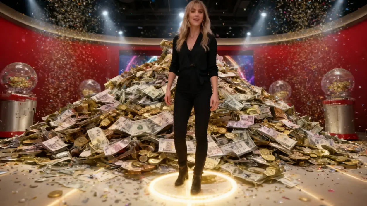 Una persona in piedi davanti a una grande pila di banconote e monete dorate in un ambiente festoso