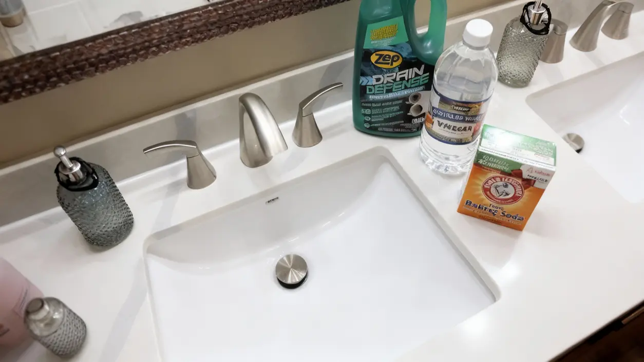 Lavandino da bagno con bicarbonato, aceto e prodotto per tubature sul piano