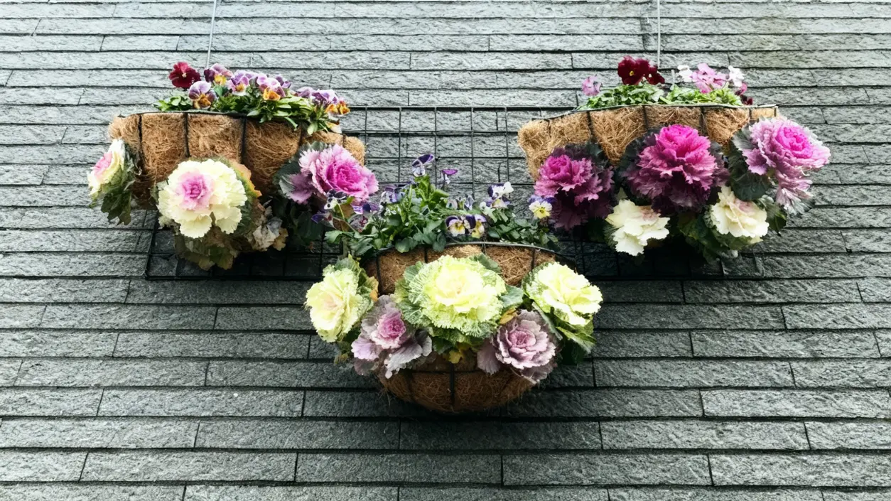 Vasi sospesi con cavoli ornamentali colorati su muro grigio