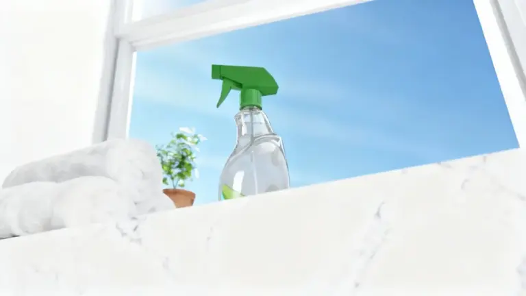 Spray con tappo verde su superficie di marmo accanto ad asciugamani bianchi e piantina