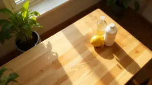 Tavolo in legno chiaro con limone, flacone bianco e bottiglia di vetro su una superficie illuminata dal sole