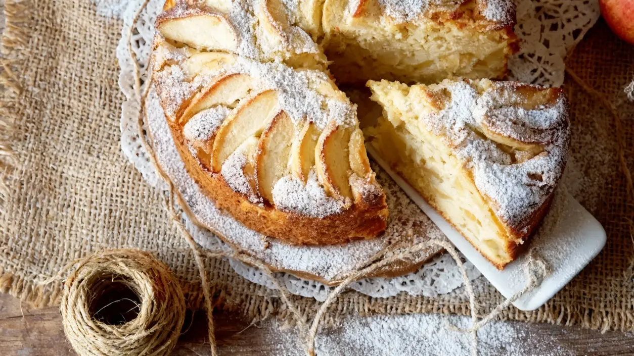 Fetta di torta di mele soffice decorata con mele e zucchero a velo su un tagliere rustico