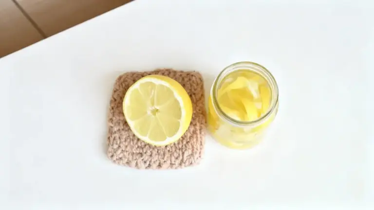 Mezzo limone su una spugna e barattolo con bucce di limone su una superficie bianca