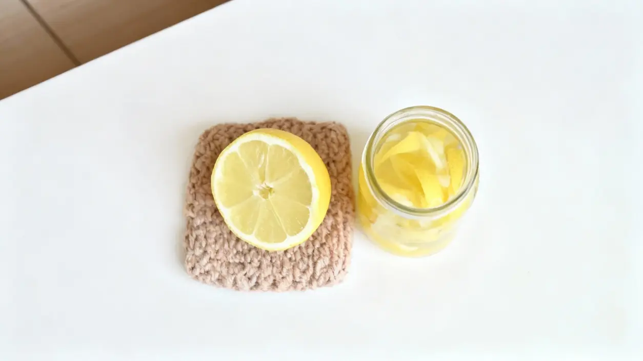 Mezzo limone su una spugna e barattolo con bucce di limone su una superficie bianca