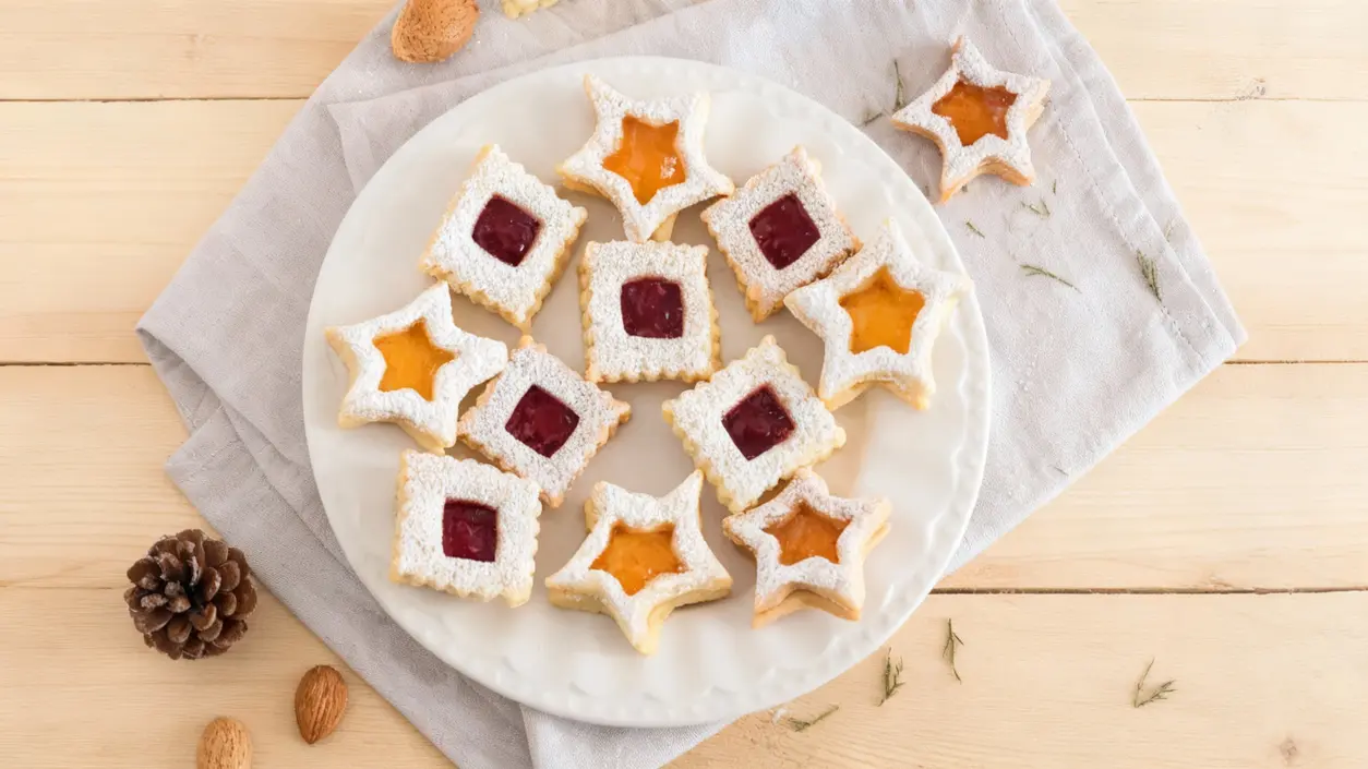 Biscotti di Natale a forma di stella e quadrato con marmellata su un piatto bianco