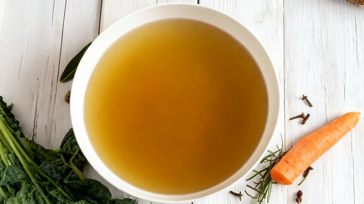 Ciotola di brodo vegetale chiaro con verdure e spezie su sfondo bianco