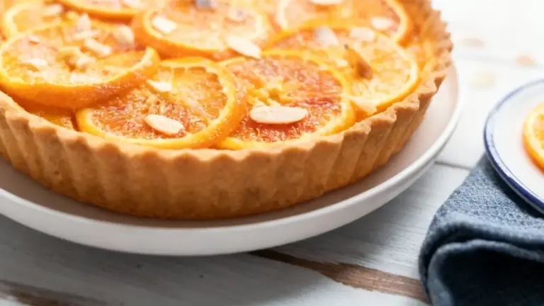 Crostata all’arancia con fette di arancia caramellata e mandorle su un piatto bianco