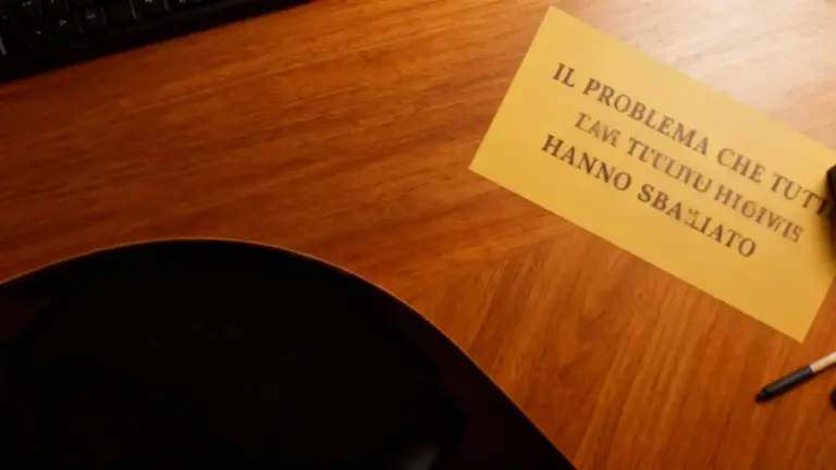 Scrivania in legno con foglio giallo e penna, vicino a una tastiera.