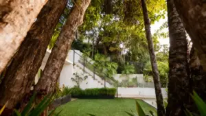 Giardino curato con prato verde, alberi e piante ornamentali vicino a una scalinata esterna