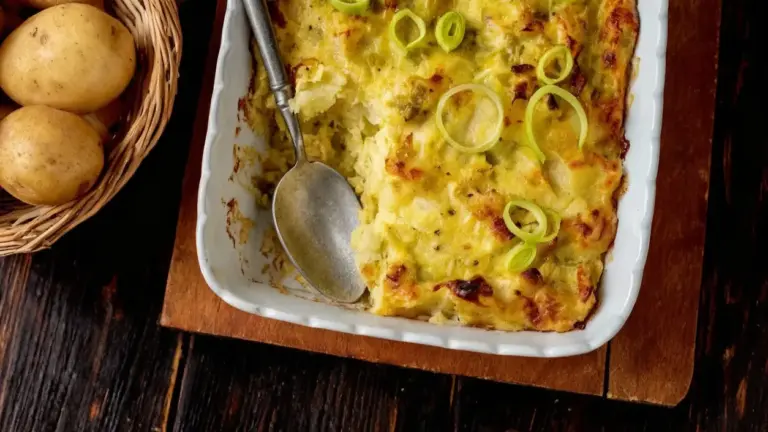 Sformato rustico di patate e porri gratinato in teglia bianca con cucchiaio